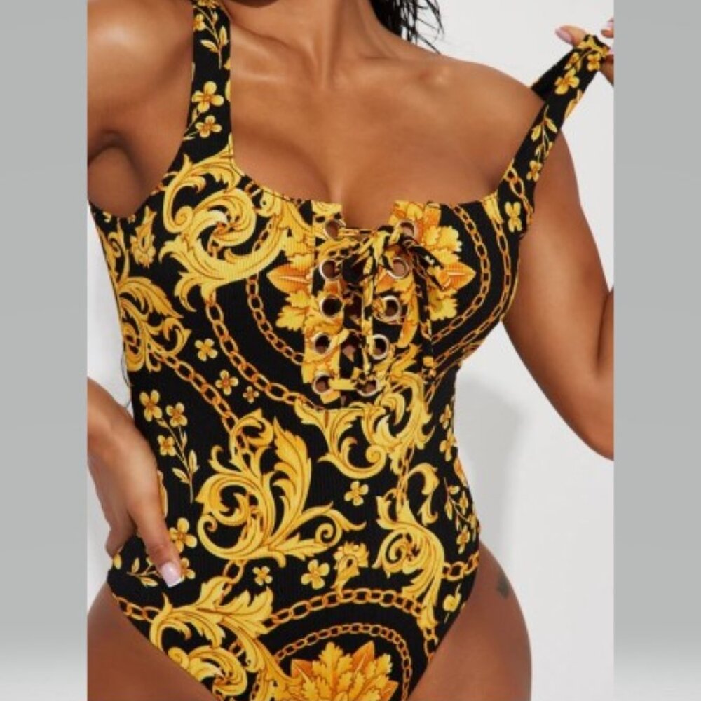 Black-n-Gold Lace-Up Bodysuit